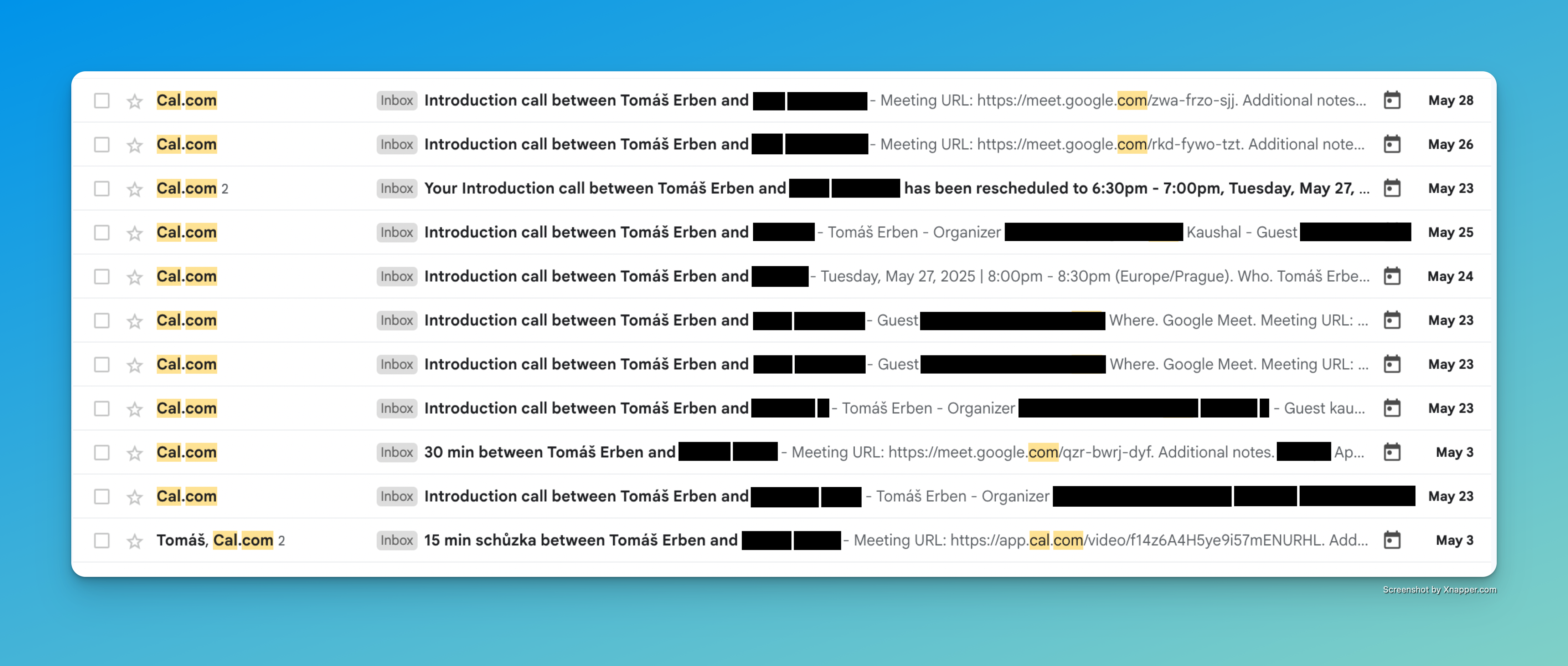 Calendar showing meetings booked through ET loop outreach campaigns